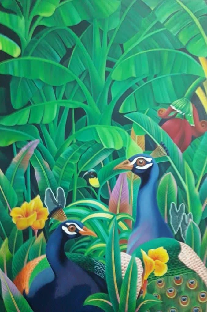 Animals acrylic painting titled 'Peacock', 72x48 inches, by artist Murali Nagapuzha on Canvas
