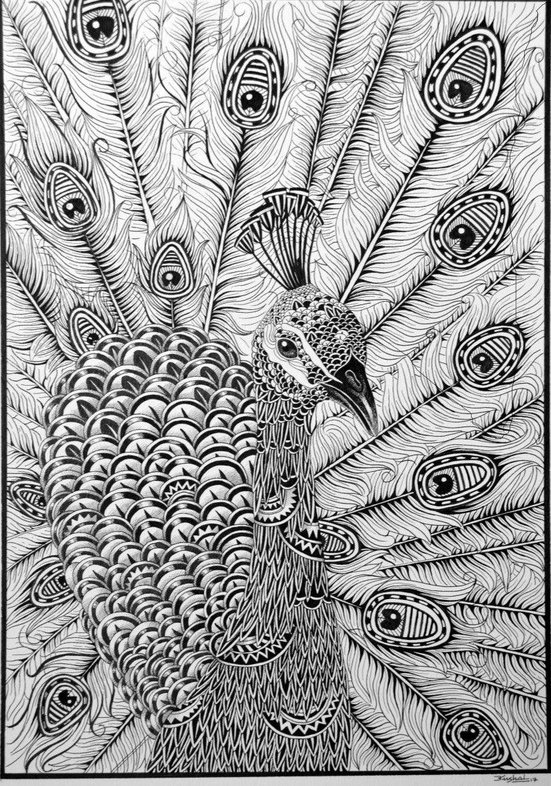 Animals pen drawing titled 'Peacock', 22x15 inches, by artist Kushal Kumar on Paper