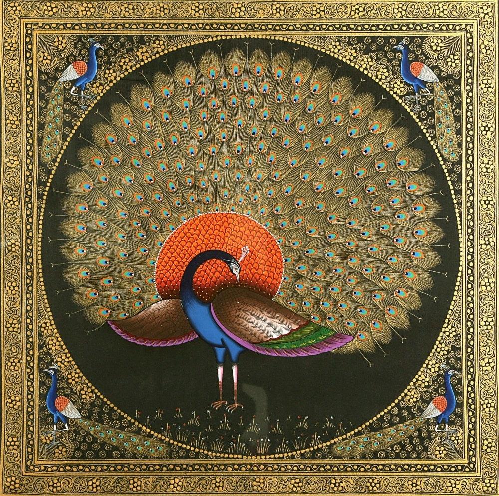 Folk Art miniature traditional art titled 'Peacock', 16x16 inches, by artist Kalaviti Arts on Silk Cloth