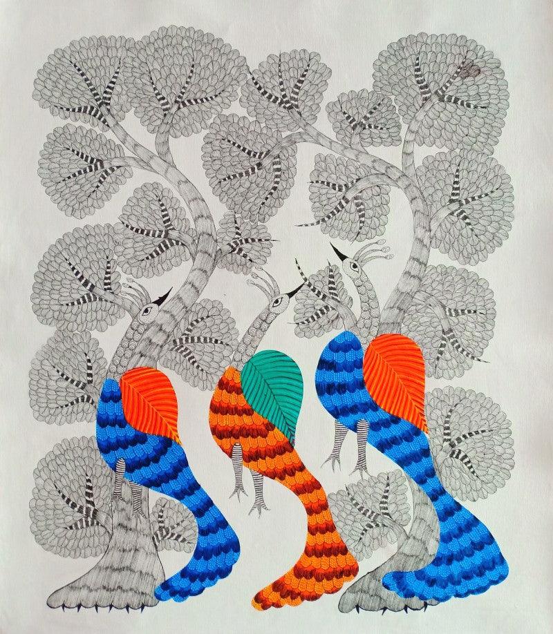Animals gond traditional art titled 'Peacocks', 32x27 inches, by artist Choti Gond Artist on Canvas