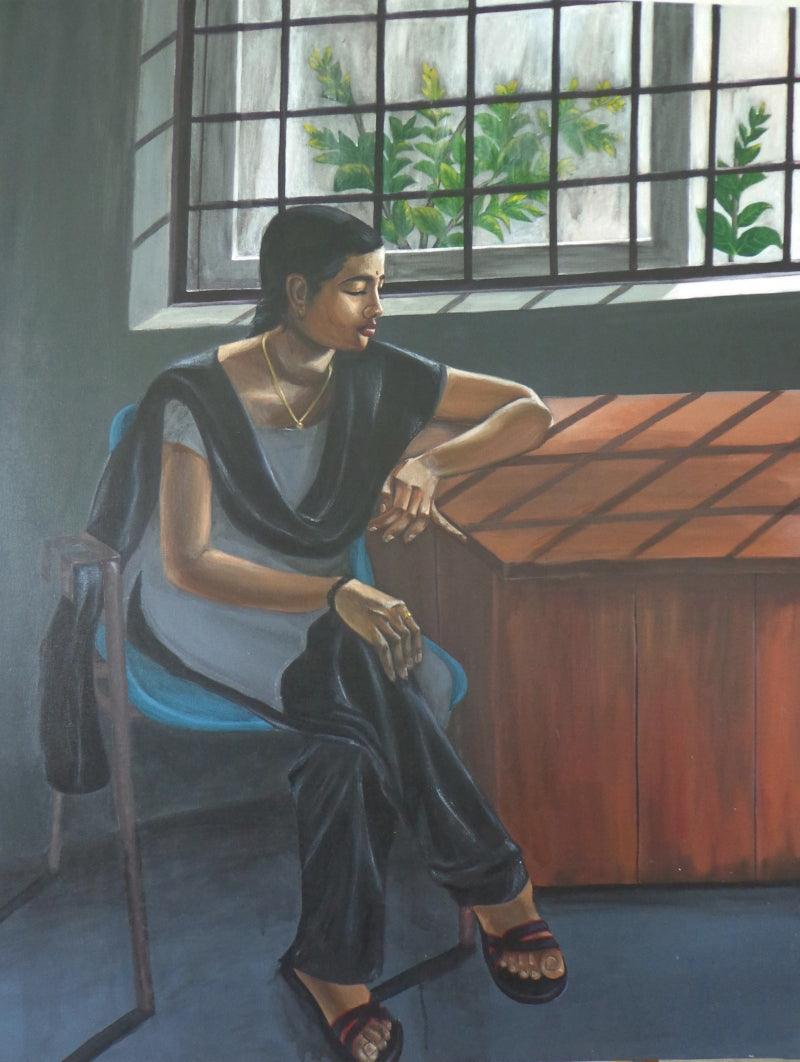 Figurative acrylic painting titled 'Pensive Mood', 48x36 inches, by artist Divya Chinni on Canvas