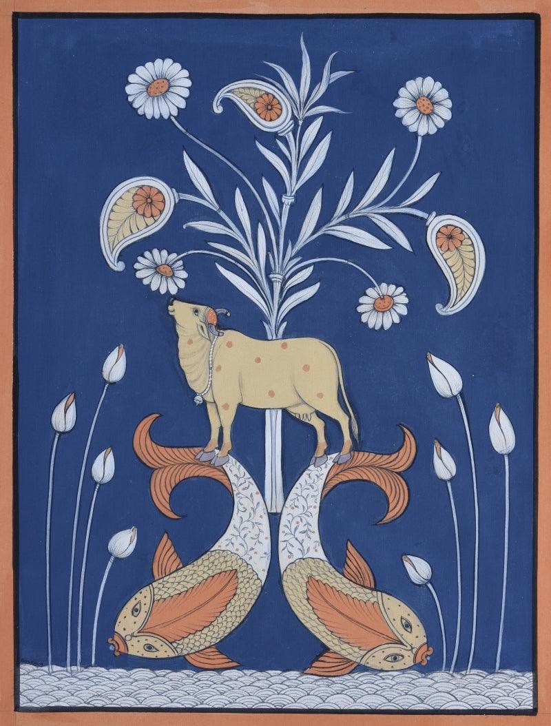 Animals pichwai traditional art titled 'Pichwai 1', 17x12 inches, by artist Pushkar Lohar on Cotton Cloth