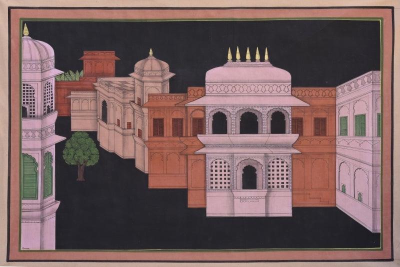 Cityscape pichwai traditional art titled 'Pichwai 10', 24x36 inches, by artist Pushkar Lohar on Cotton Cloth