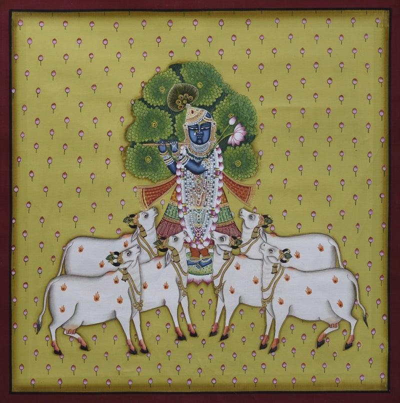 Religious pichwai traditional art titled 'Pichwai 14', 12x12 inches, by artist Pichwai Art on Cotton Cloth