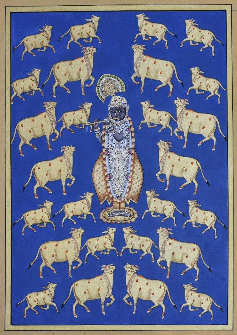 Religious pichwai traditional art titled 'Pichwai 16', 21x15 inches, by artist Pichwai Art on Cotton Cloth