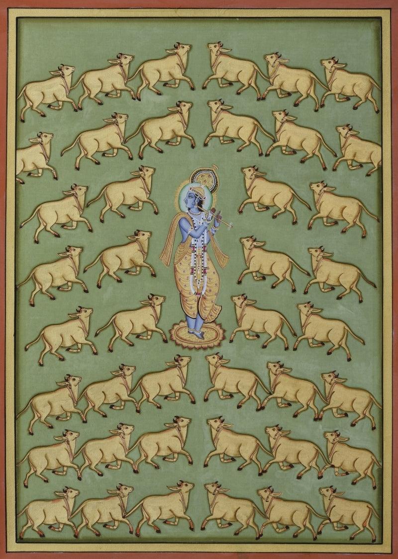 Religious pichwai traditional art titled 'Pichwai 17', 21x15 inches, by artist Pichwai Art on Cotton Cloth