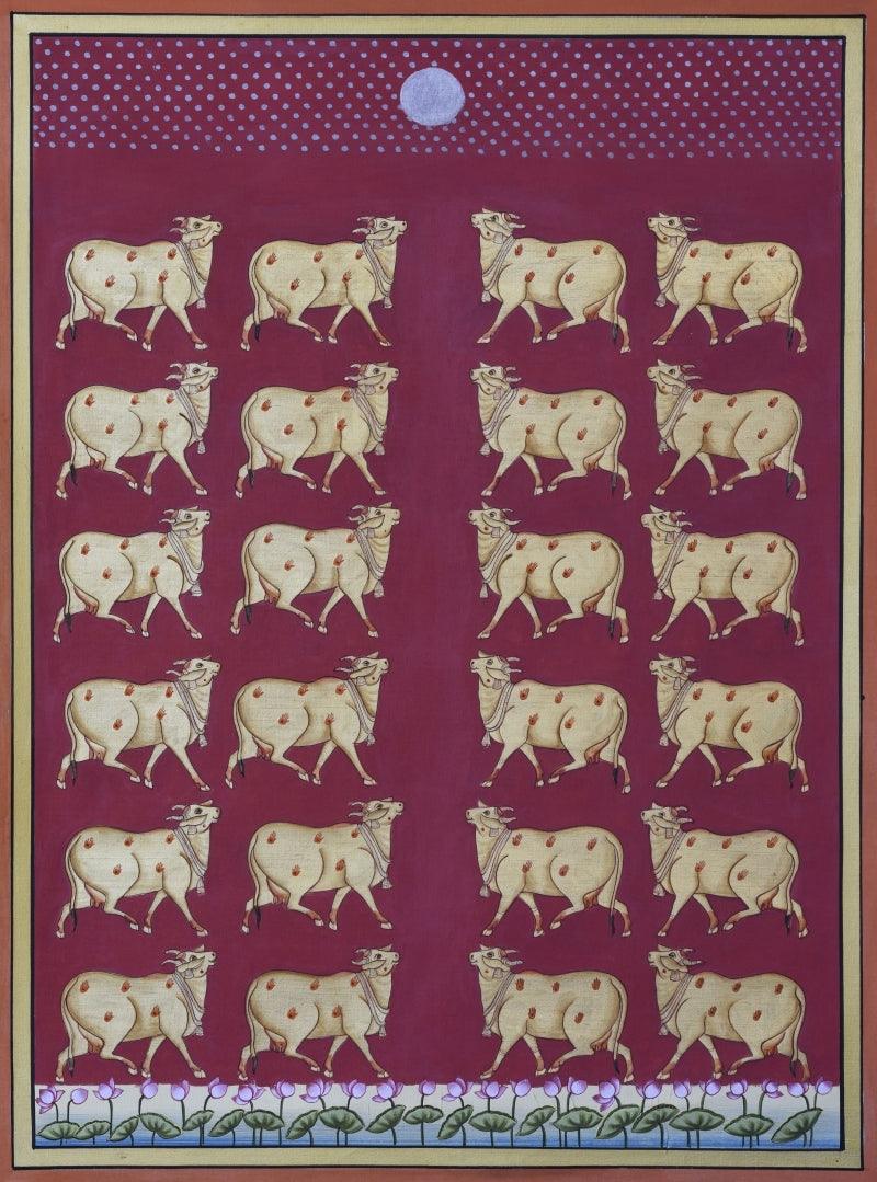 Animals pichwai traditional art titled 'Pichwai 18', 21x15 inches, by artist Pichwai Art on Cotton Cloth