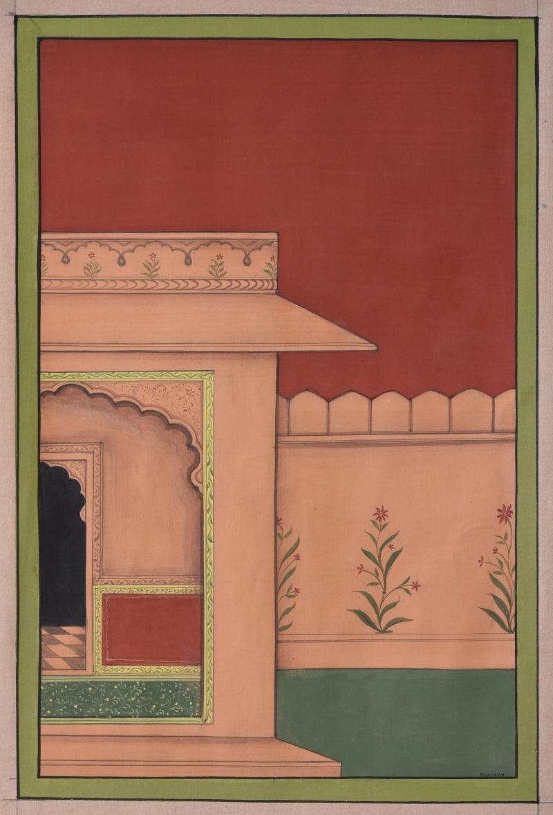 Cityscape pichwai traditional art titled 'Pichwai 2', 18x12 inches, by artist Pushkar Lohar on Cotton Cloth