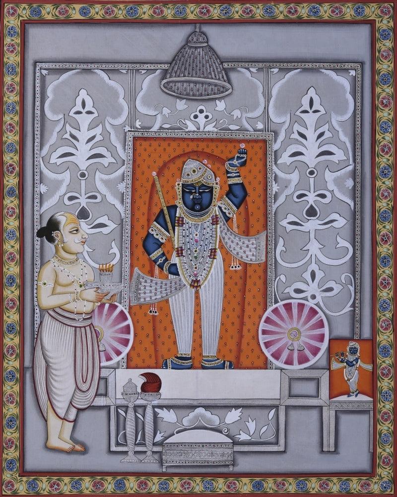 Religious pichwai traditional art titled 'Pichwai 20', 22x17 inches, by artist Pichwai Art on Cotton Cloth