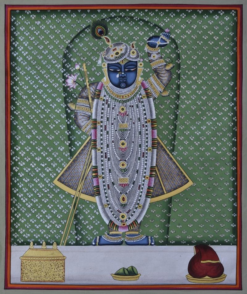 Religious pichwai traditional art titled 'Pichwai 22', 21x17 inches, by artist Pichwai Art on Cotton Cloth