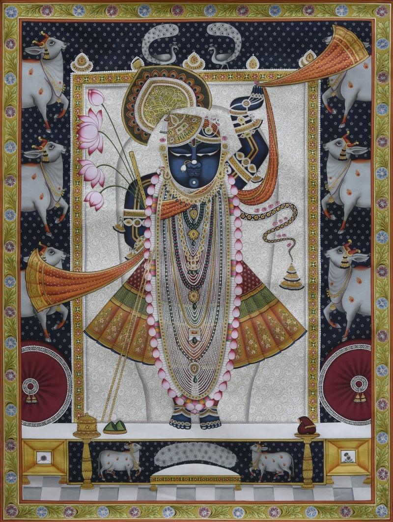 Religious pichwai traditional art titled 'Pichwai 27', 47x35 inches, by artist Pichwai Art on Cotton Cloth