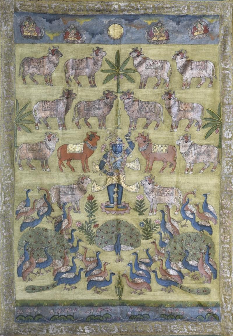 Religious pichwai traditional art titled 'Pichwai 29', 58x40 inches, by artist Pichwai Art on Cotton Cloth