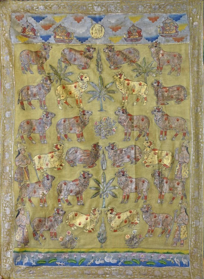 Animals pichwai traditional art titled 'Pichwai 30', 58x43 inches, by artist Pichwai Art on Cotton Cloth