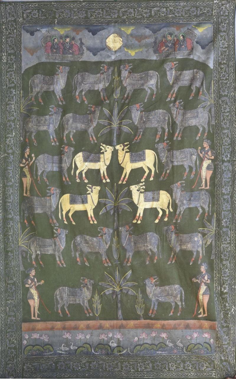 Religious pichwai traditional art titled 'Pichwai 32', 69x44 inches, by artist Pichwai Art on Cotton Cloth