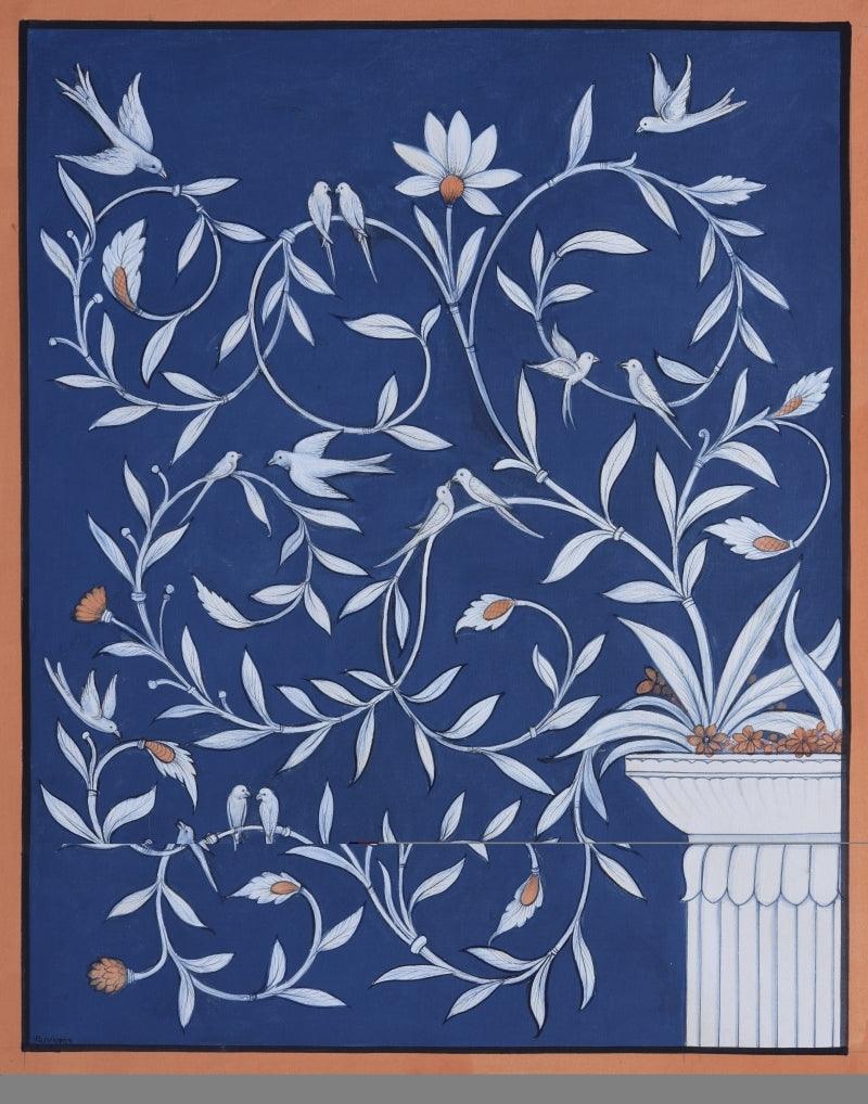 Nature pichwai traditional art titled 'Pichwai 4', 18x14 inches, by artist Pushkar Lohar on Cotton Cloth