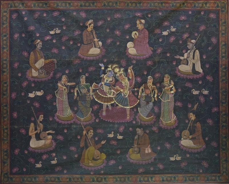 Religious pichwai traditional art titled 'Pichwai 40', 47x58 inches, by artist Pichwai Art on Cotton Cloth