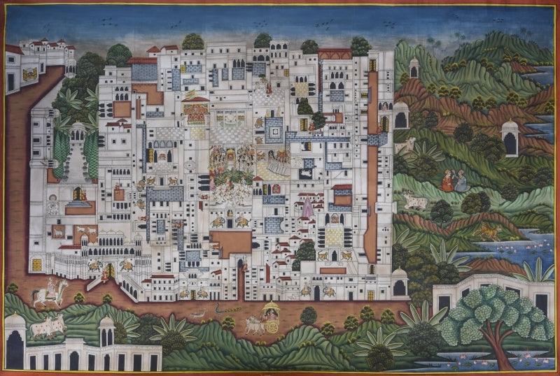 Cityscape pichwai traditional art titled 'Pichwai 41', 46x69 inches, by artist Pichwai Art on Cotton Cloth