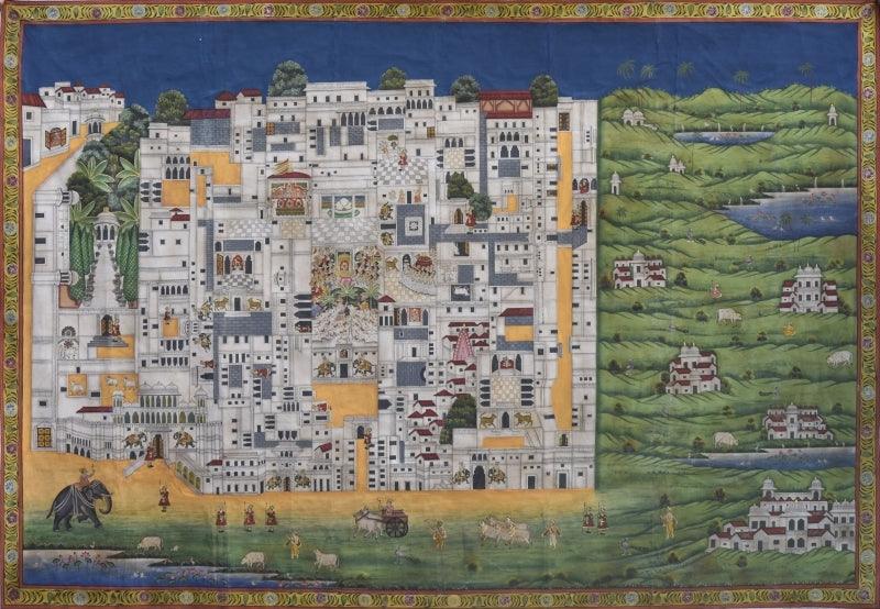 Cityscape pichwai traditional art titled 'Pichwai 42', 47x70 inches, by artist Pichwai Art on Cotton Cloth