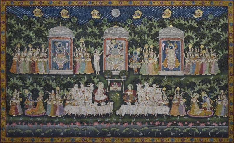 Cityscape pichwai traditional art titled 'Pichwai 43', 48x80 inches, by artist Pichwai Art on Cotton Cloth