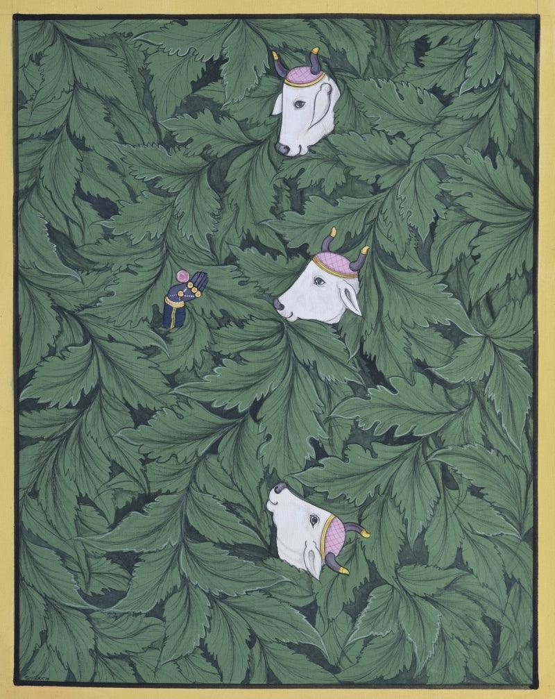 Animals pichwai traditional art titled 'Pichwai 5', 18x14 inches, by artist Pushkar Lohar on Cotton Cloth