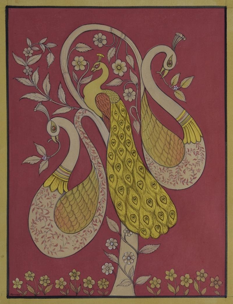 Animals pichwai traditional art titled 'Pichwai 6', 16x12 inches, by artist Pushkar Lohar on Cotton Cloth