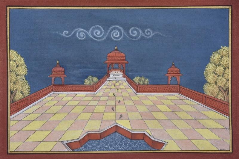 Cityscape pichwai traditional art titled 'Pichwai 7', 11x17 inches, by artist Pushkar Lohar on Cotton Cloth