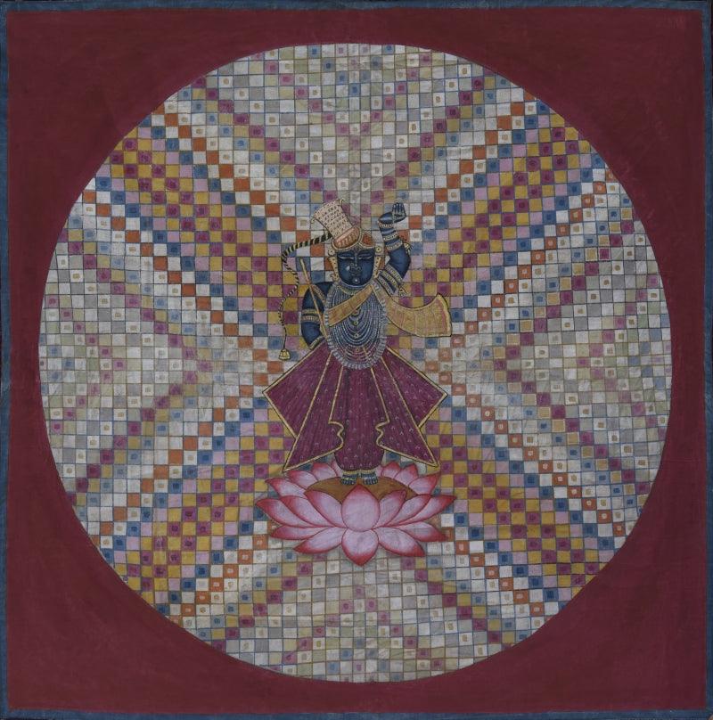 Religious pichwai traditional art titled 'Pichwai', 25x25 inches, by artist Pichwai Art on Cotton Cloth