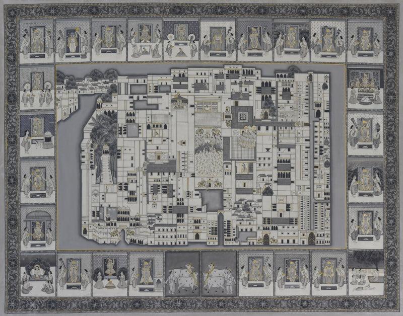 Religious pichwai traditional art titled 'Pichwai', 52x40 inches, by artist Pichwai Art on Cotton Cloth