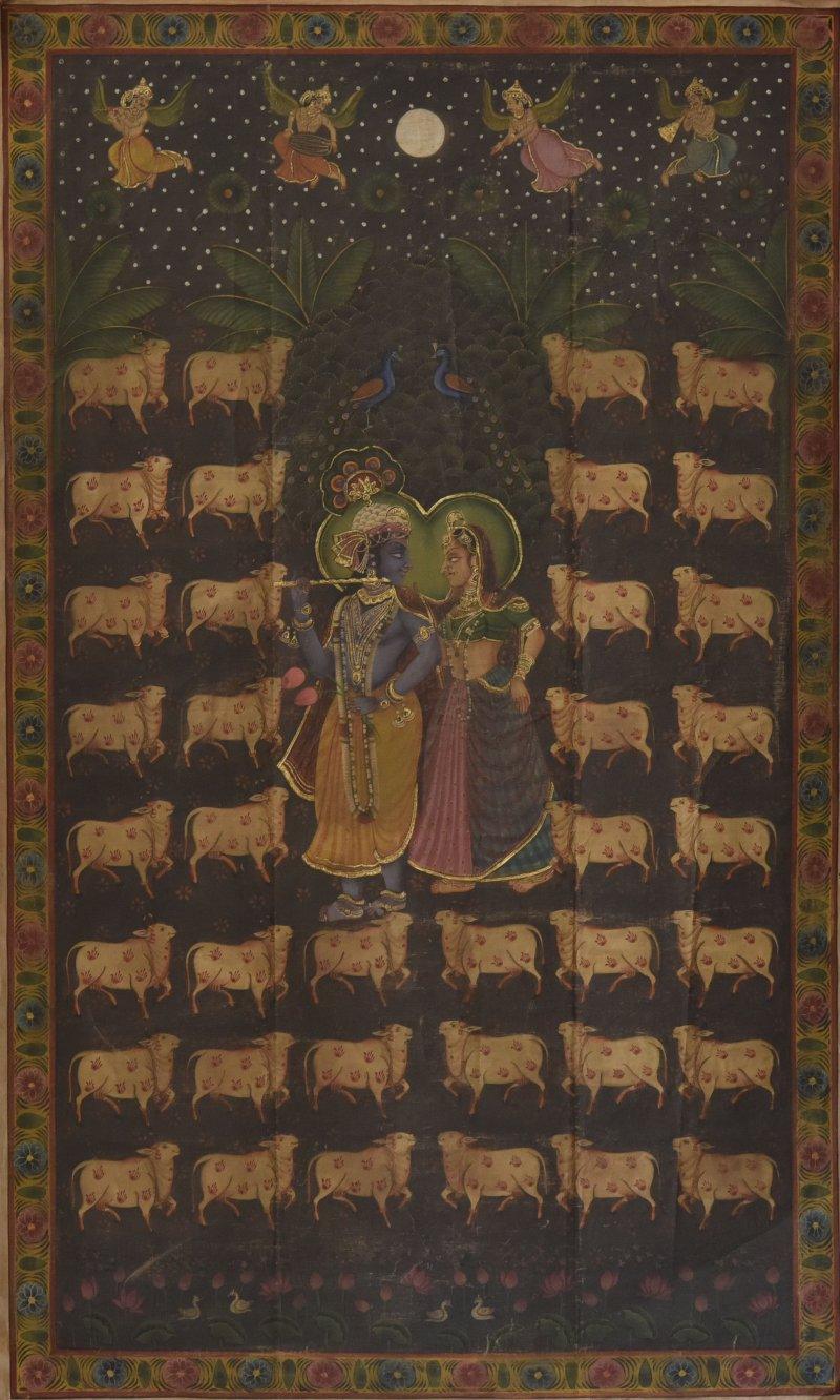 Religious tribal painting titled 'Pichwai', 36x60 inches, by artist Unknown on Cloth