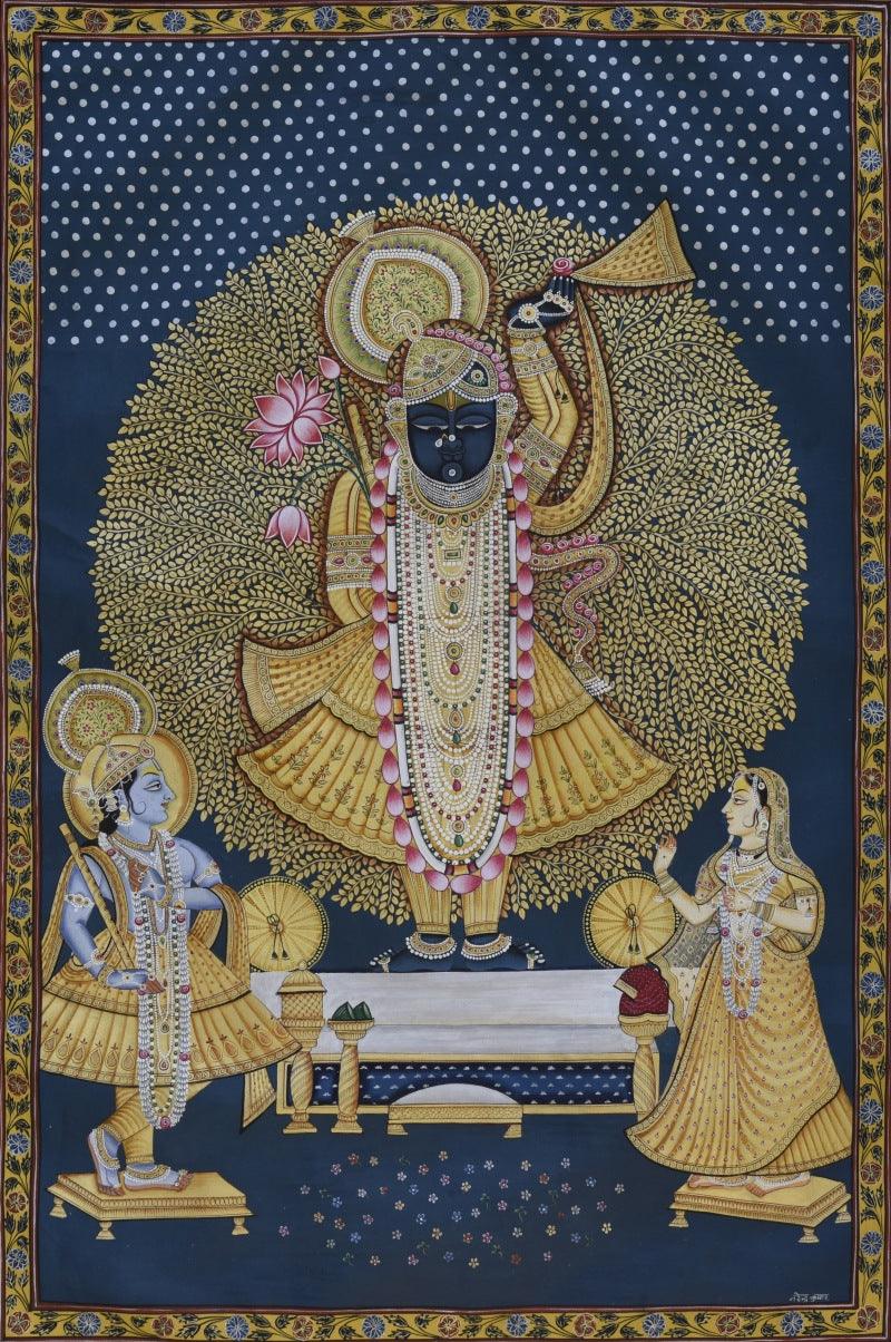 Religious pichwai traditional art titled 'Pichwai', 24x36 inches, by artist Pichwai Art on Cotton Cloth