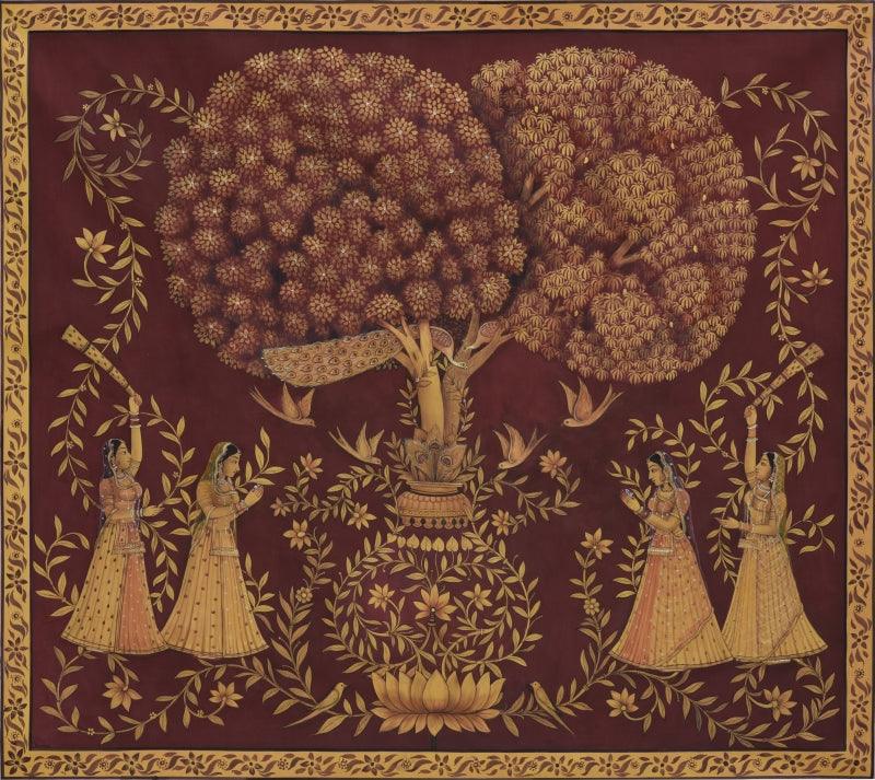 Religious pichwai traditional art titled 'Pichwai', 47x42 inches, by artist Pichwai Art on Cotton Cloth