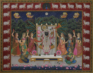 Religious tribal painting titled 'Pichwai', 48x36 inches, by artist Unknown on Cloth