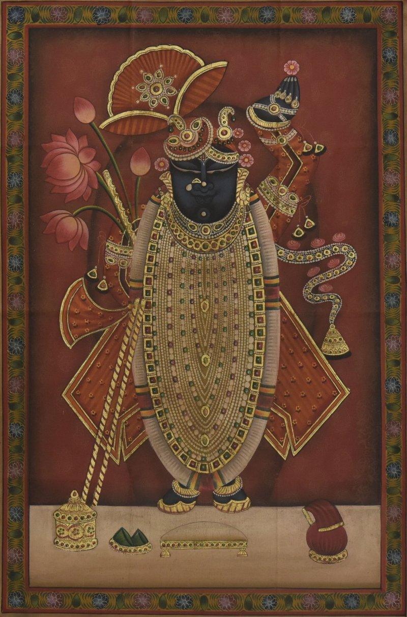 Religious tempera painting titled 'Pichwai', 23x35 inches, by artist Unknown on Cloth