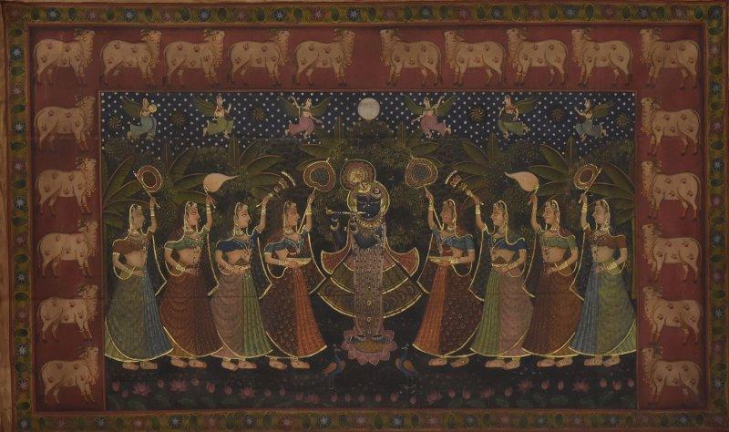 Religious tribal painting titled 'Pichwai', 59x36 inches, by artist Unknown on Cloth