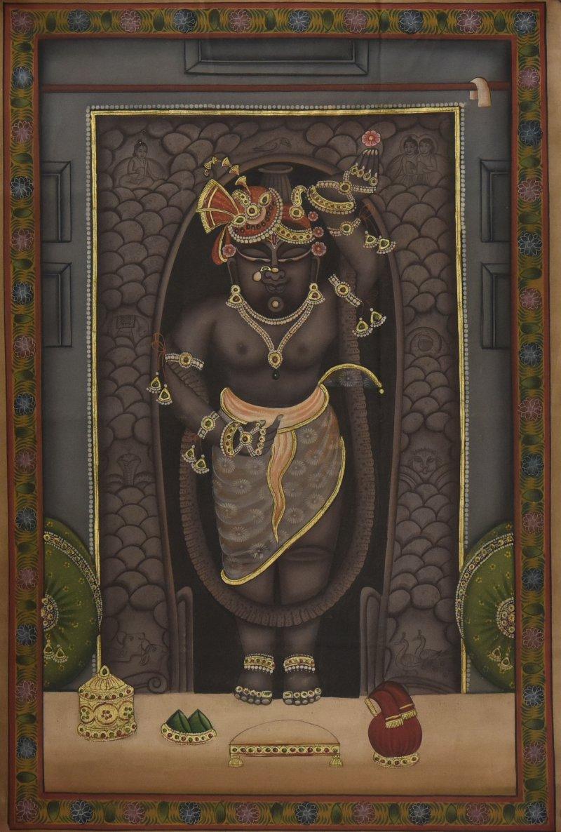 Religious tempera painting titled 'Pichwai', 23x35 inches, by artist Unknown on Cloth