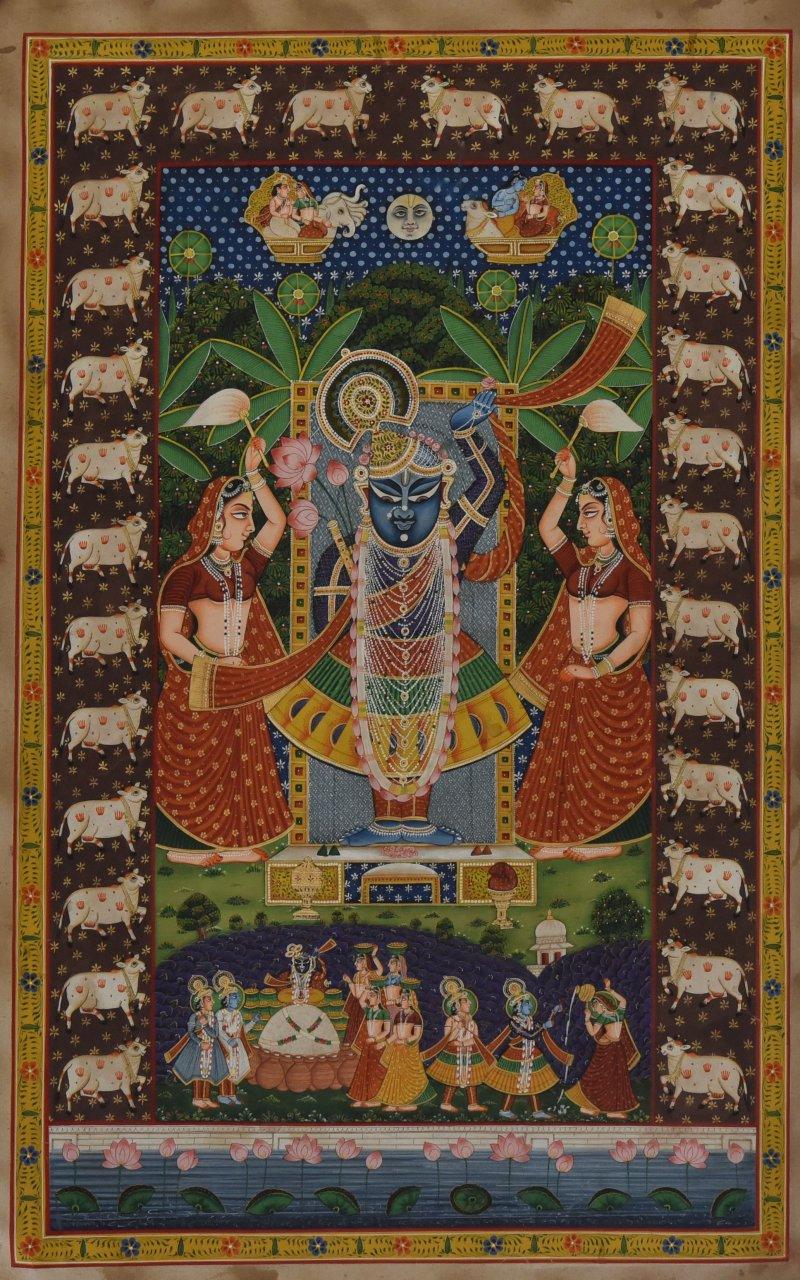 Religious tribal painting titled 'Pichwai', 21x33 inches, by artist Pichwai on Cloth