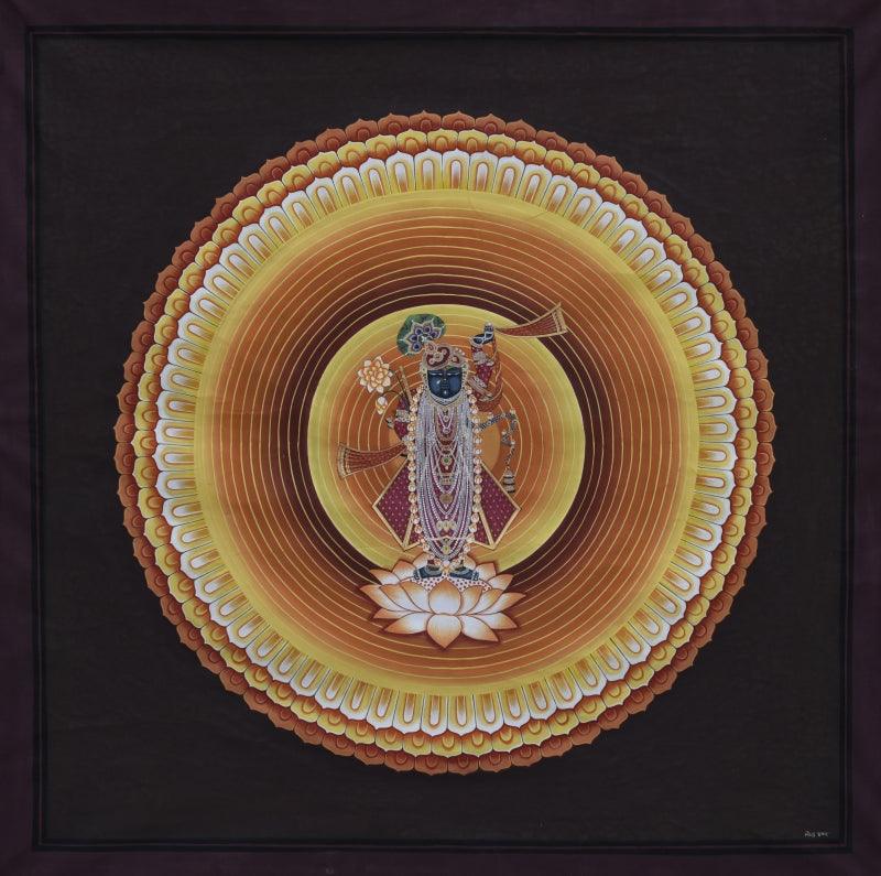 Religious pichwai traditional art titled 'Pichwai', 36x36 inches, by artist Pichwai Art on Cotton Cloth