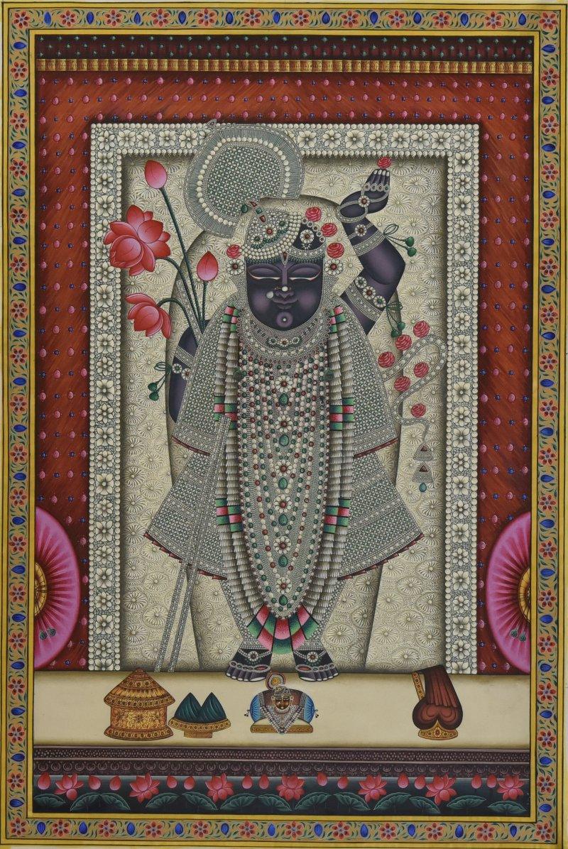 Religious tribal painting titled 'Pichwai', 24x36 inches, by artist Unknown on Cloth