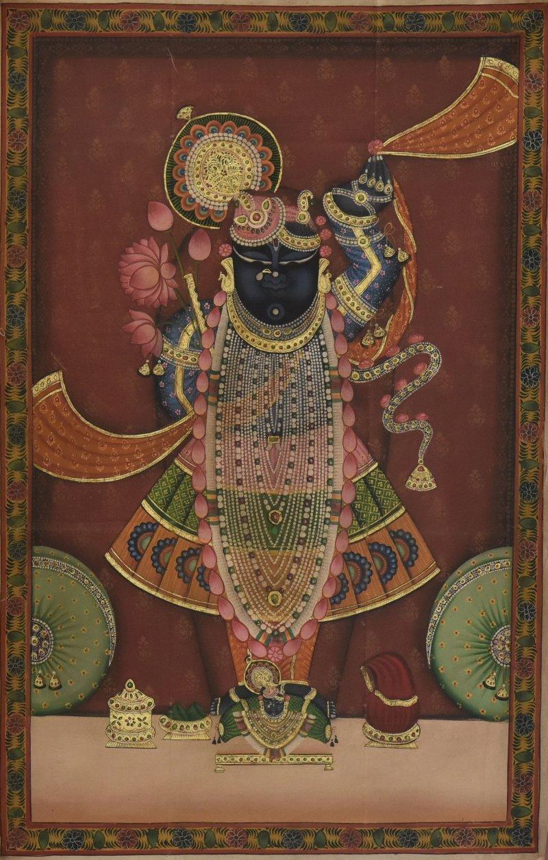 Religious tempera painting titled 'Pichwai', 23x36 inches, by artist Unknown on Cloth