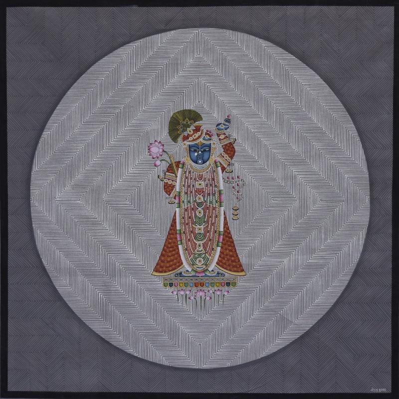 Religious pichwai traditional art titled 'Pichwai', 27x27 inches, by artist Pichwai Art on Cotton Cloth
