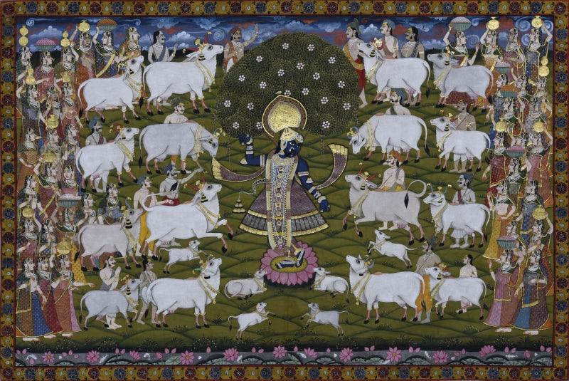 Religious pichwai traditional art titled 'Pichwai', 72x48 inches, by artist Pichwai Art on Cotton Cloth