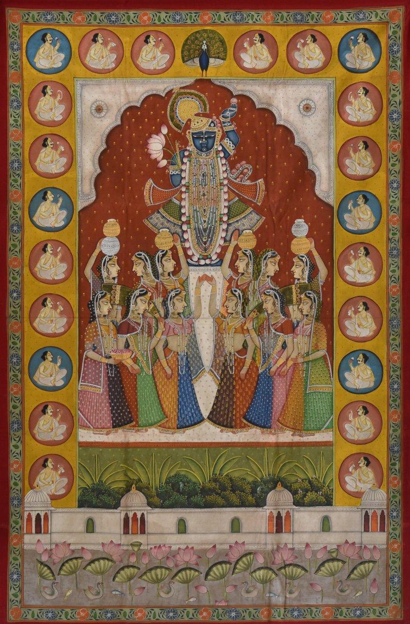 Religious tribal painting titled 'Pichwai', 37x57 inches, by artist Unknown on Cloth