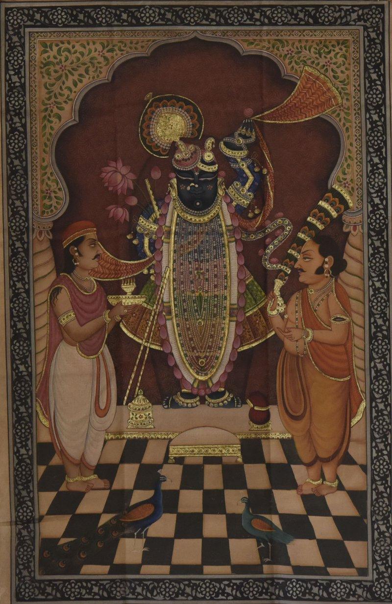 Religious tribal painting titled 'Pichwai', 23x36 inches, by artist Pichwai on Cloth