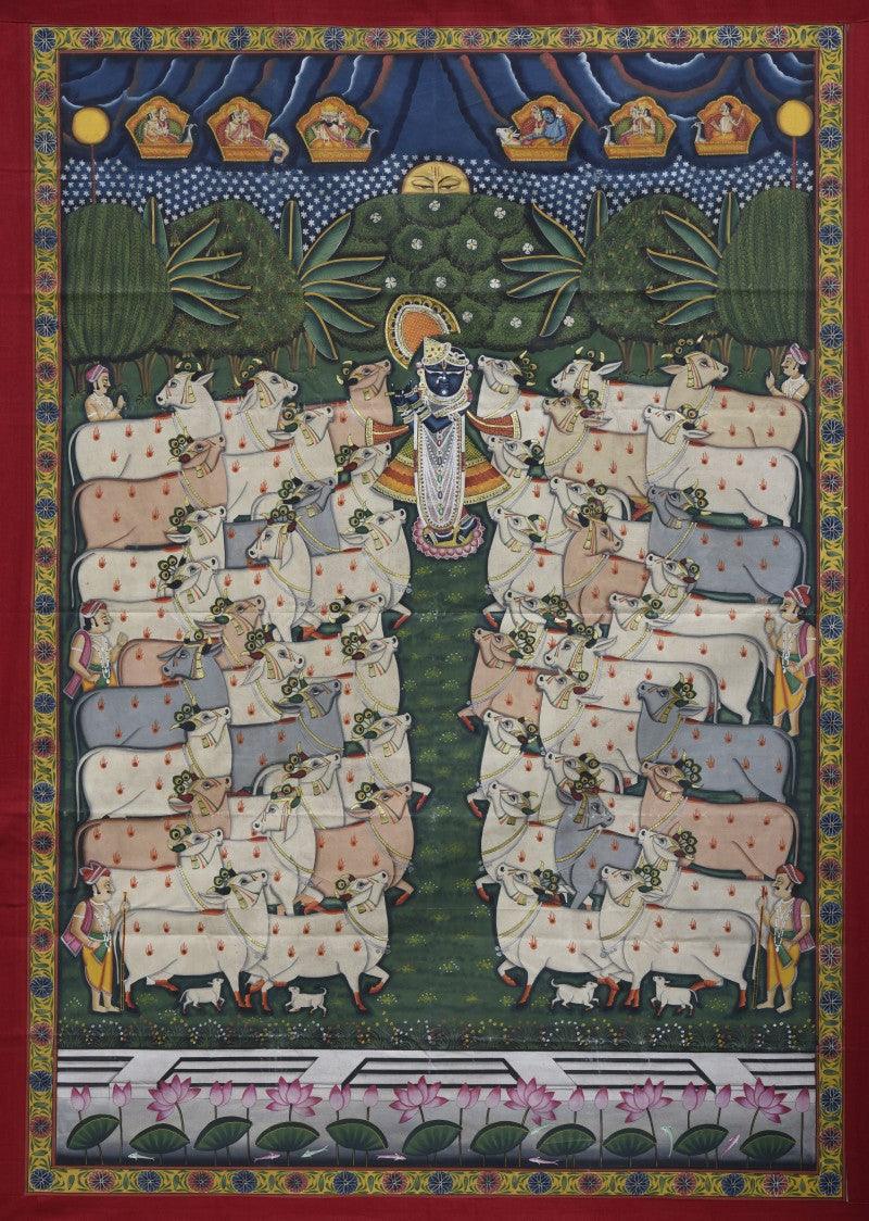 Religious tribal painting titled 'Pichwai', 42x60 inches, by artist Pichwai on Cotton Cloth