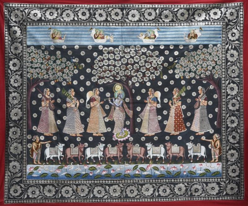 Religious mixed media painting titled 'Pichwai', 66x55 inches, by artist Pichwai on Cotton Cloth