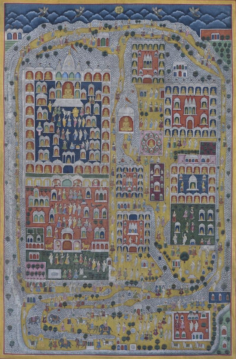 Religious pichwai traditional art titled 'Pichwai', 48x73 inches, by artist Pichwai Art on Cotton Cloth