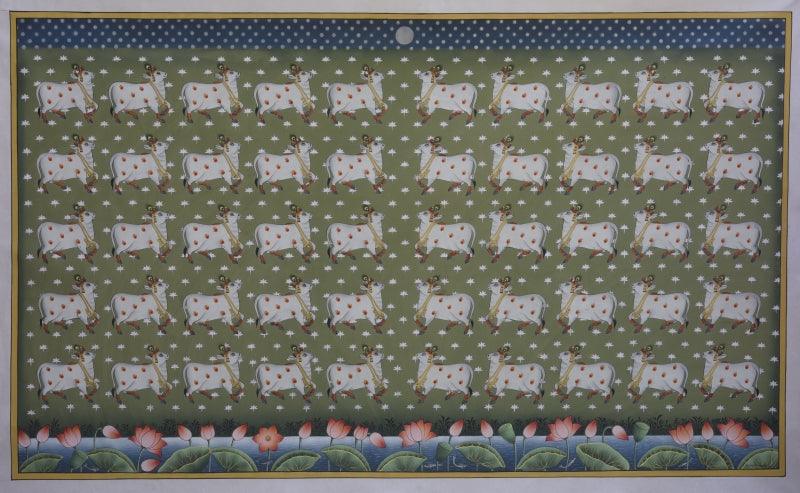 Religious pichwai traditional art titled 'Pichwai', 60x36 inches, by artist Pichwai Art on Cotton Cloth