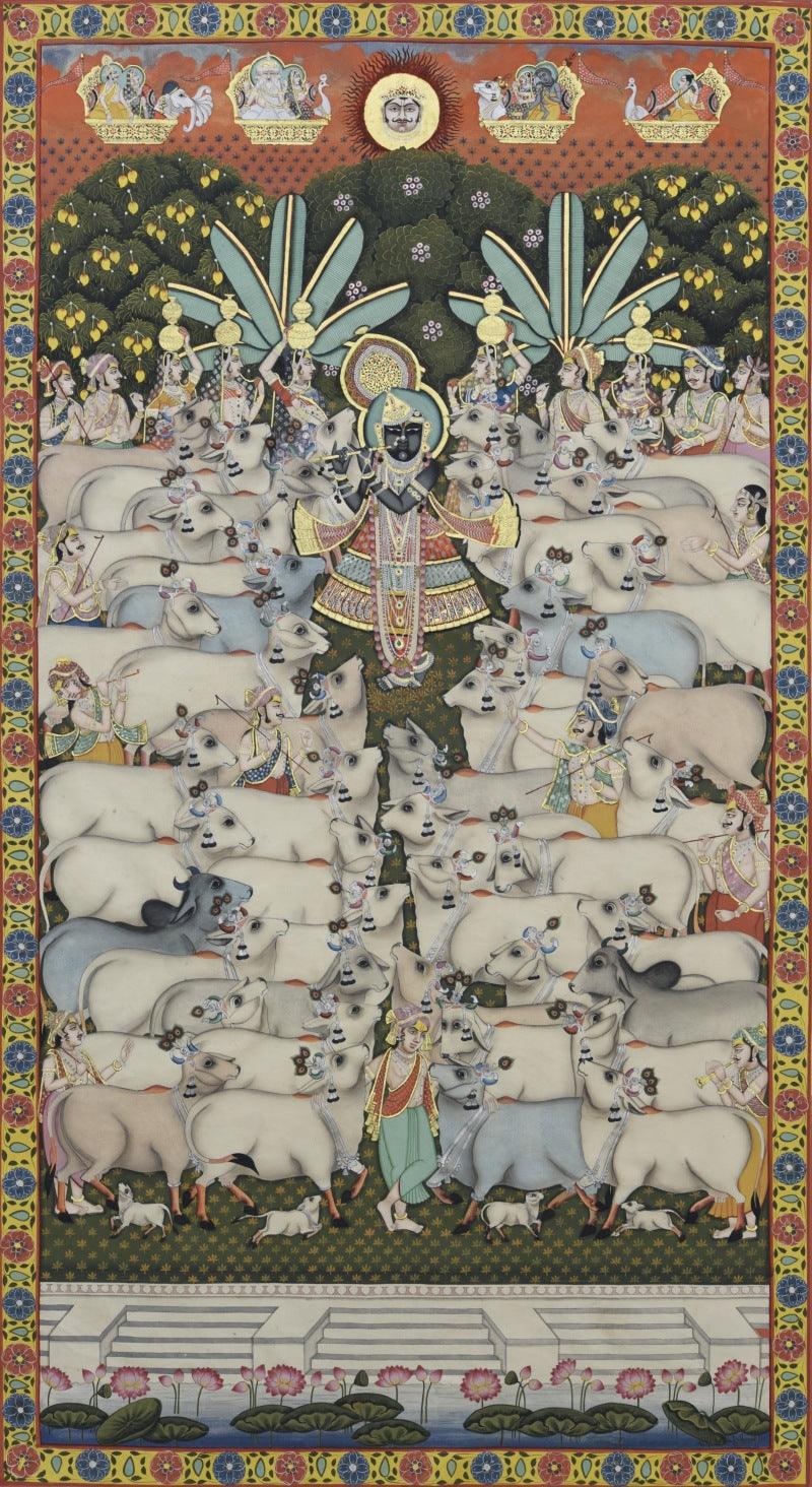 Religious pichwai traditional art titled 'Pichwai', 32x57 inches, by artist Nitin & Nilesh Sharma on Cotton Cloth