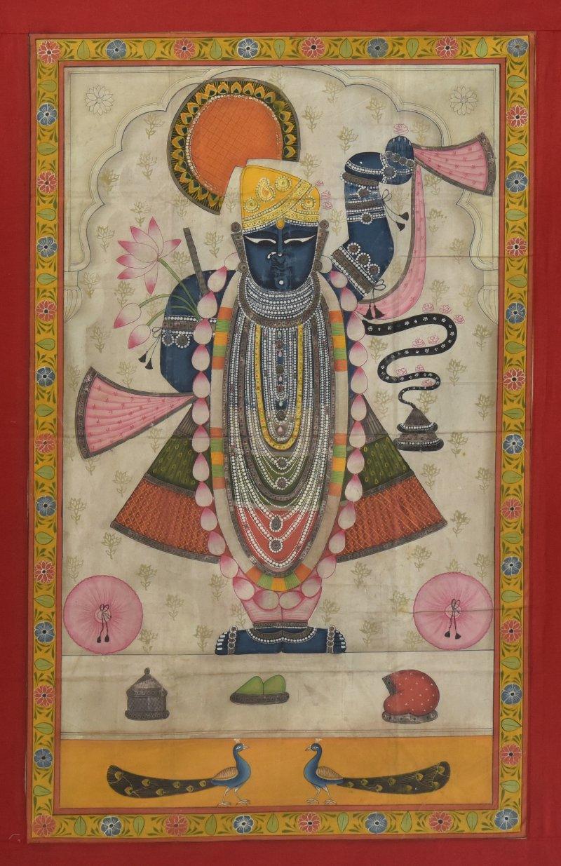 Religious tribal painting titled 'Pichwai', 23x36 inches, by artist Unknown on Cloth