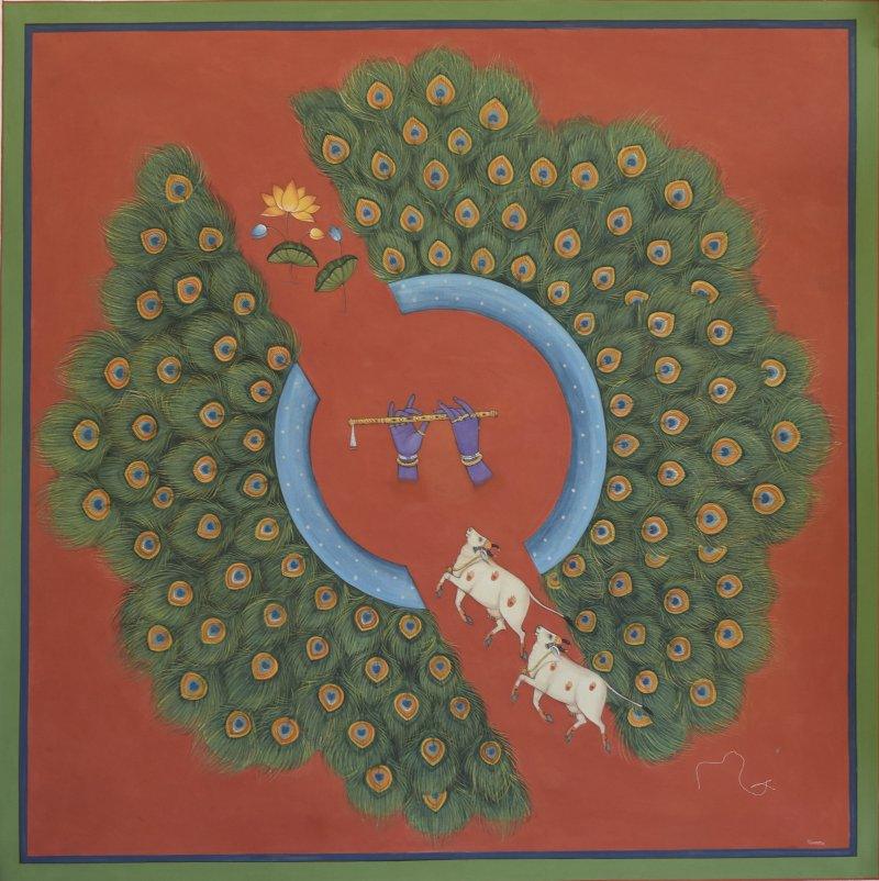 Religious tribal painting titled 'Pichwai', 39x39 inches, by artist Pushkar Lohar on Cloth